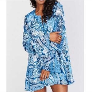 Show Me Your‎ Mumu Tunic Top Dress S Perveen Blue Paisley Long Bell Sleeve Boho